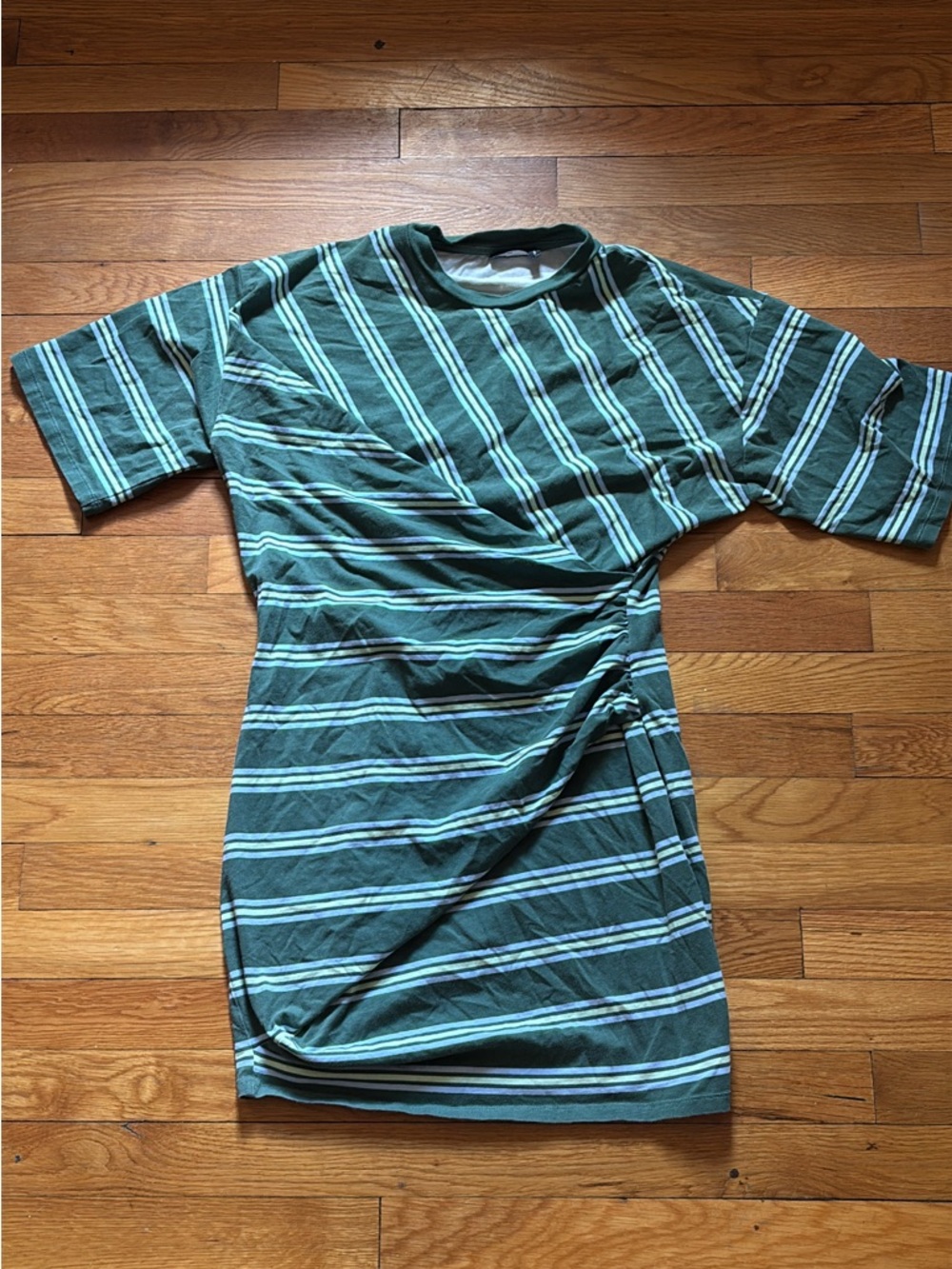 ASOS Striped Short-Sleeve Striped Faux Wrap Dress in Teal and Light Blue